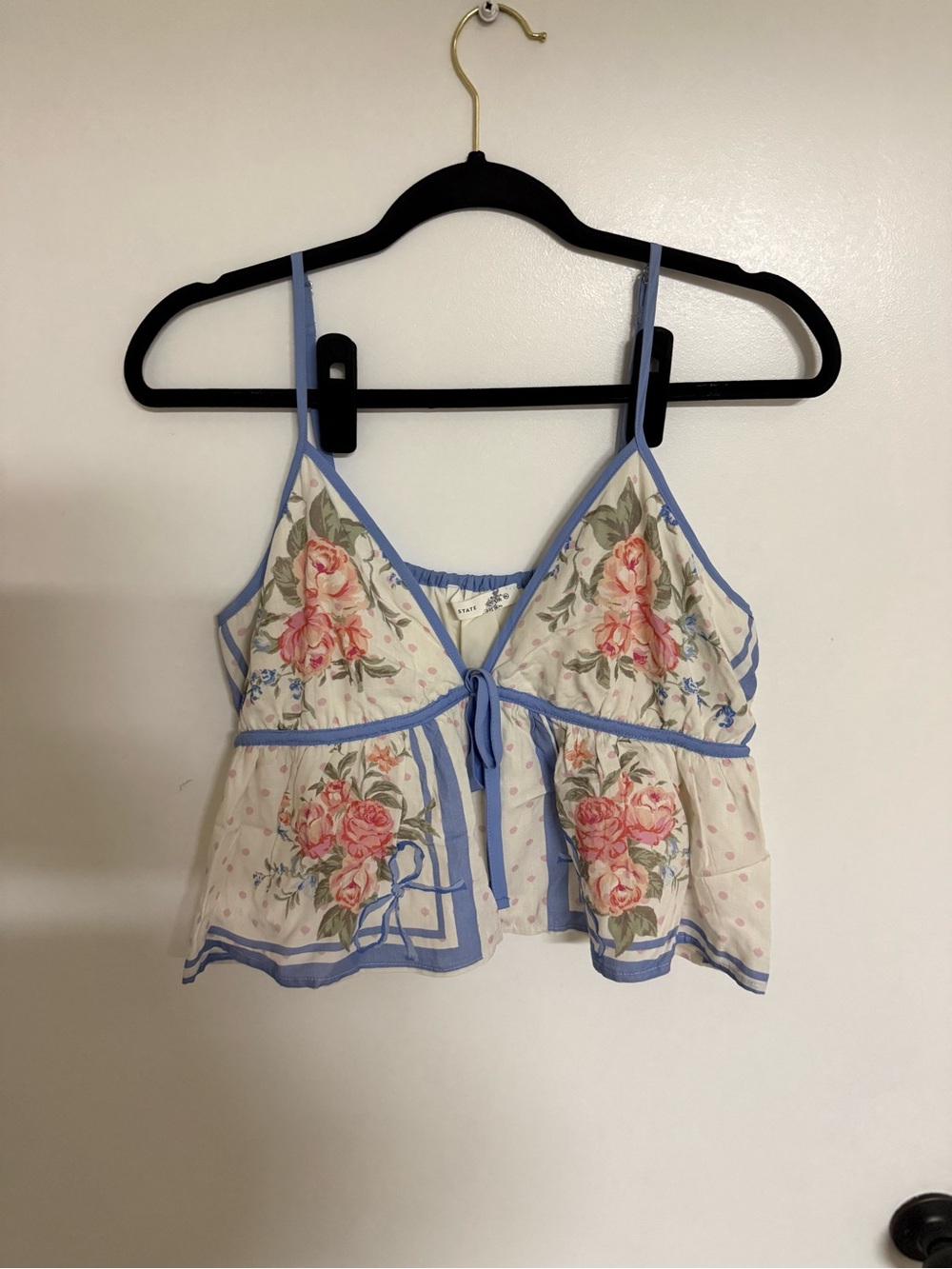 Altar’d State Floral Tie-Front Spaghetti Strap Crop Top - Blue Trim